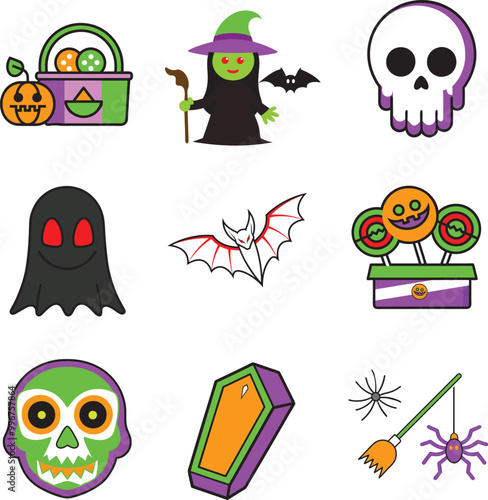 Halloween Elements Bundle: Bad Girl, Coffin, Candy, Spider, Grave, and Bat Icons