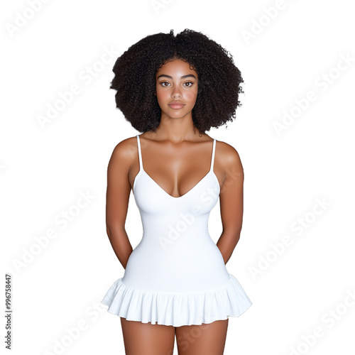 Young woman with afro hairstyle wearing a white dress, standing confidently on a transparent background