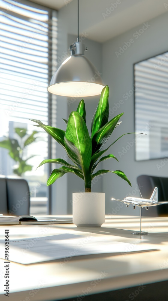 an office with a desk, chairs and a plant an office with a desk, chairs and a plant
