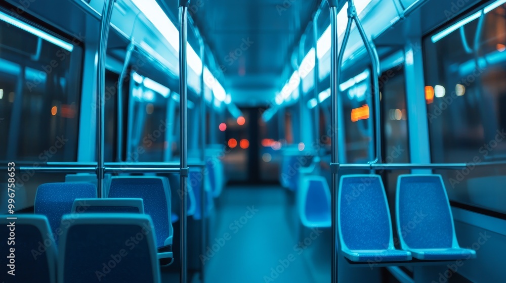 The vacant interior of a city bus, trolleybus, or tram, emphasized by the identical plastic seat backs The vacant interior of a city bus, trolleybus, or tram, emphasized by the identical plastic seat backs
