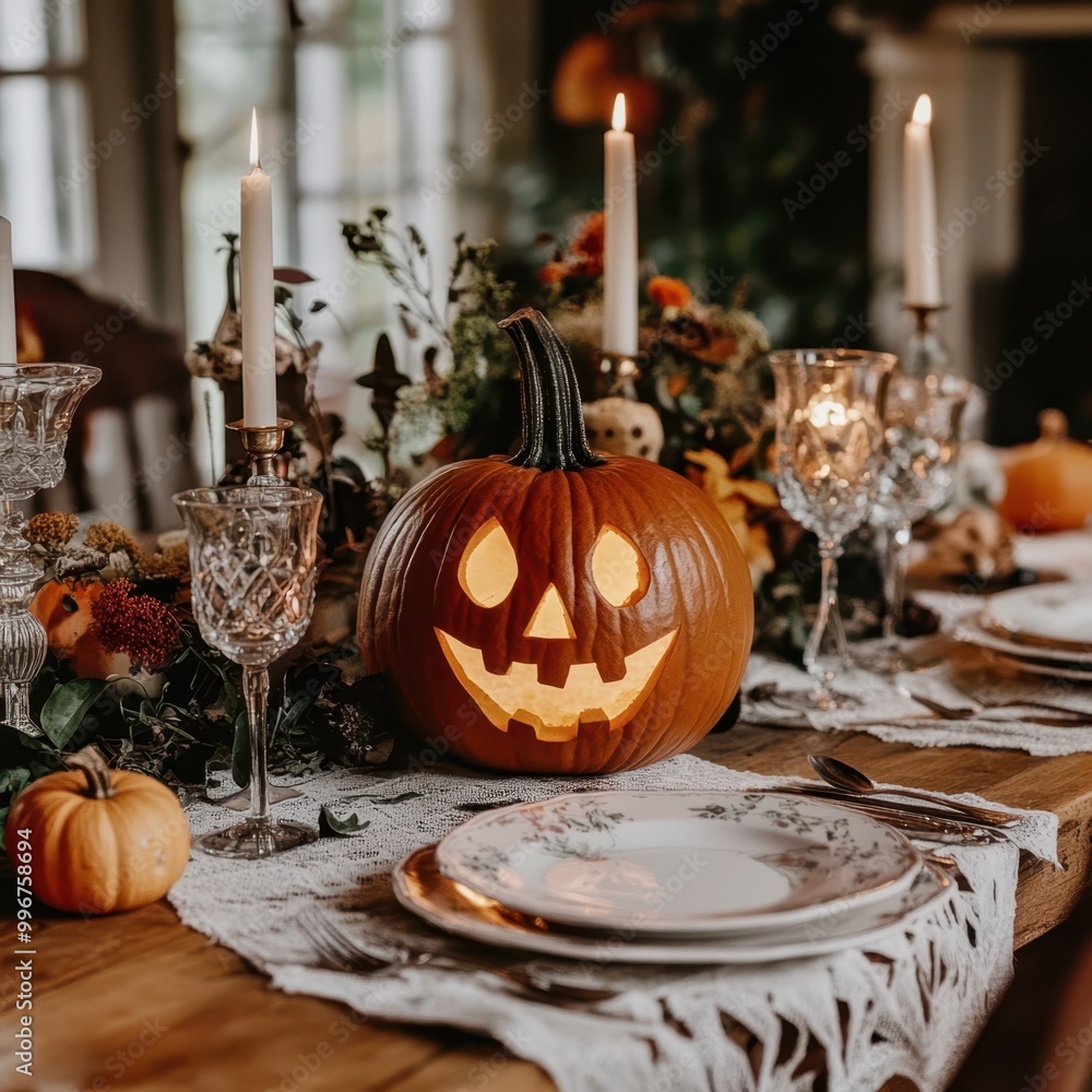 Naklejka premium a halloween table setting with pumpkin carving