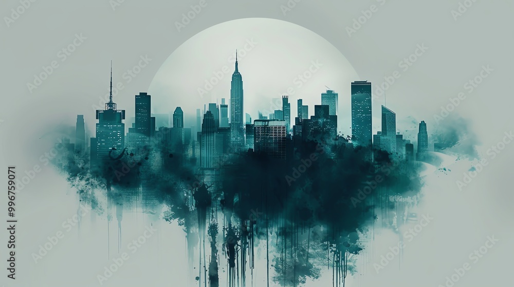 Fototapeta premium Business logo featuring a minimalist city skyline, representing urban development, in shades of grey and teal