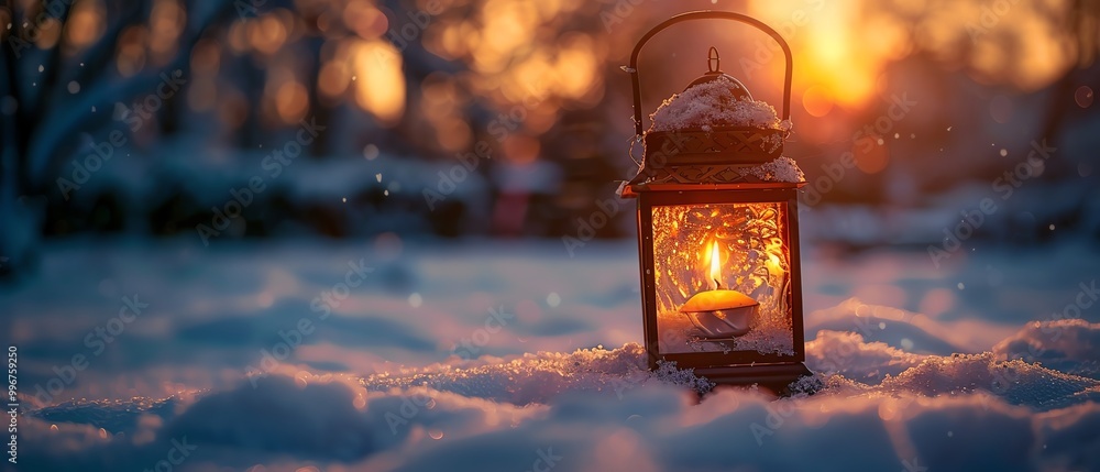Candle lantern on snowy table, warm glow, evening shot Candle lantern on snowy table, warm glow, evening shot