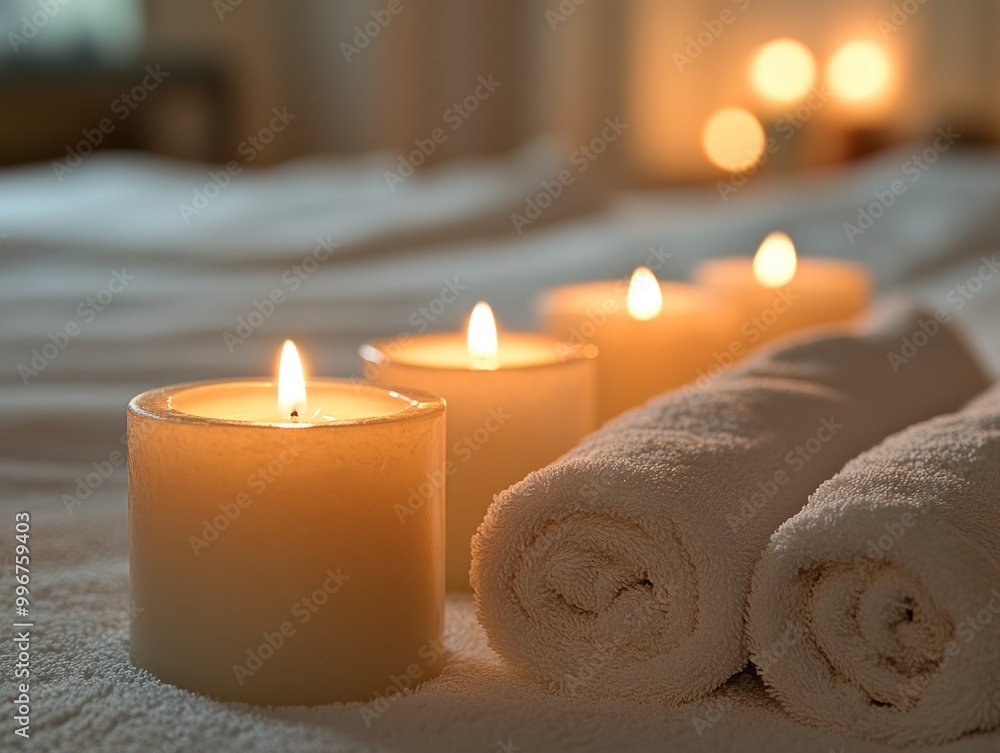 Soft candlelight and neatly arranged towels create a calming atmosphere for a tranquil spa experience Soft candlelight and neatly arranged towels create a calming atmosphere for a tranquil spa experience