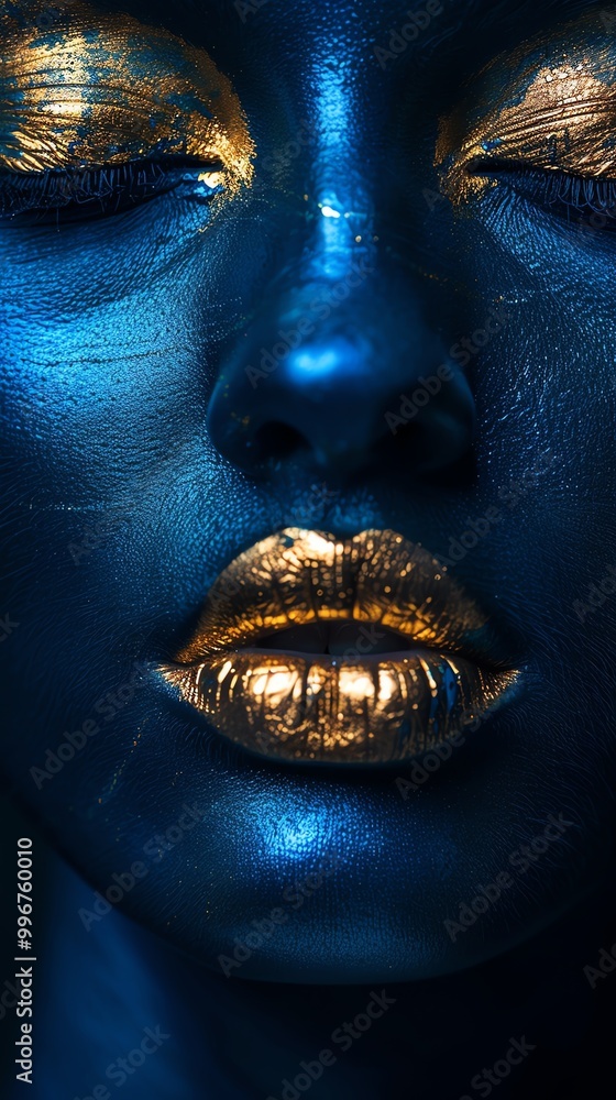 Closeup of blue face with goldpainted lips, dark background, high contrast, glossy finish Closeup of blue face with goldpainted lips, dark background, high contrast, glossy finish