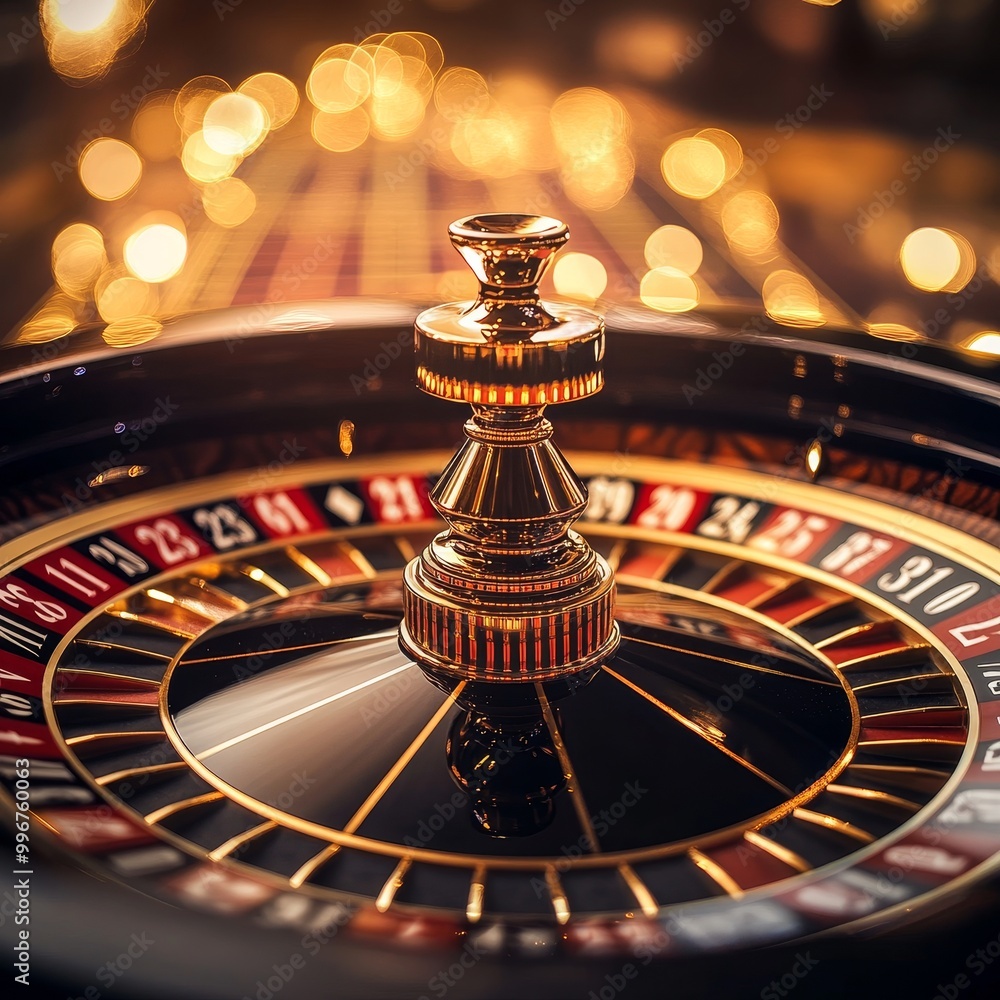 Casino roulette wheel on the background of golden bokeh Casino roulette wheel on the background of golden bokeh