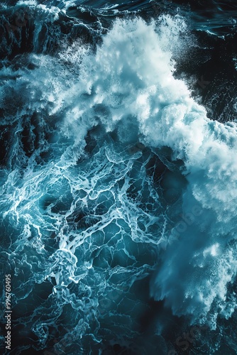 Crashing wave, deep blues and foamy whites, dynamic and powerful, captured midsurge photo