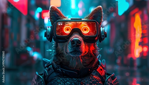 Cyberpunk dog in armor, neon lights, VR headset, detailed, futuristic and vibrant