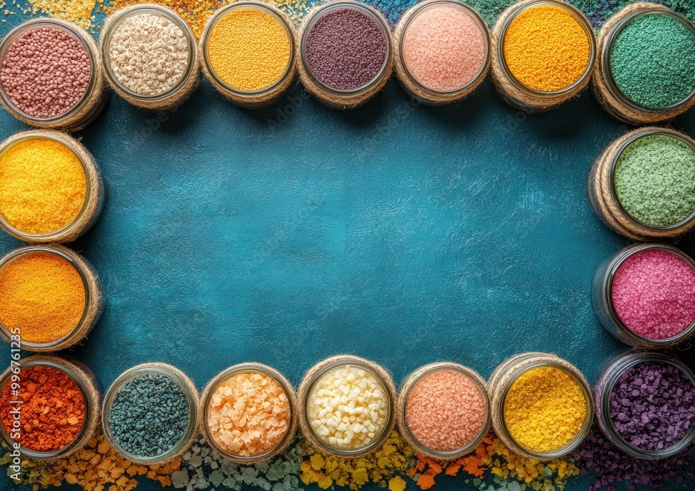 Jars filled with various colorful spices create a striking border on a blue background Jars filled with various colorful spices create a striking border on a blue background