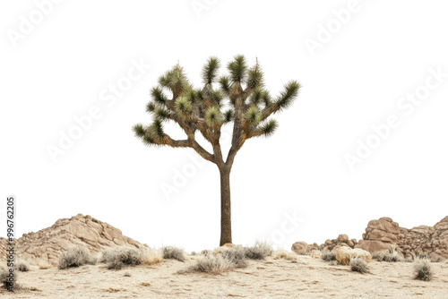 A single Joshua Tree stands tall in a desert landscape against a green backdrop.