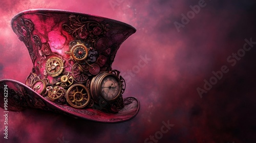 Whimsical Clockwork Hat Designs Banner background of Mad Hatter Day theme banner design for microstock, no text, and wide copy space, Whimsical Clockwork Hat Designs, photo