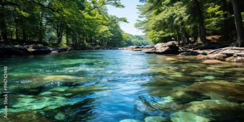 The bright river meanders through vibrant foliage, showcasing its clear waters and rocky bed
