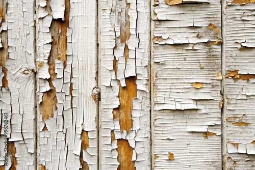 Peeling, weathered white paint flakes off a worn, rustic wooden wall, revealing rough, textured surface beneath, with visible cracks and decay. photo