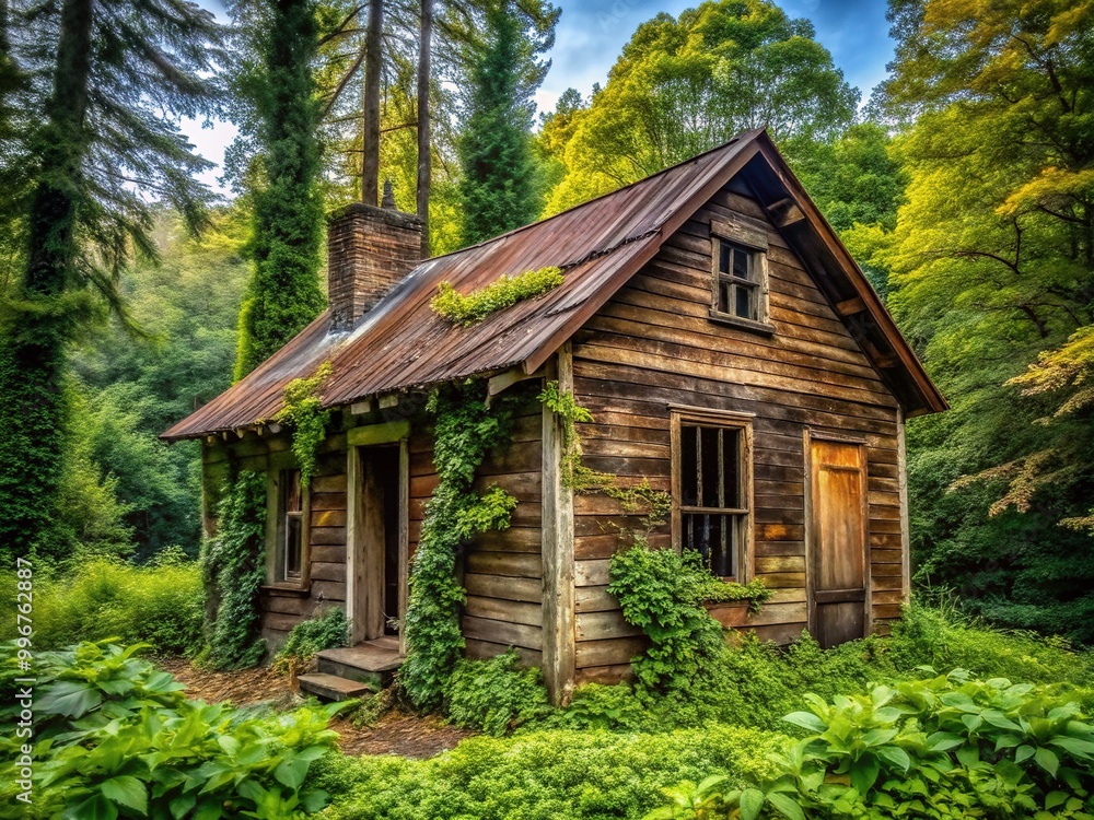 Rustic, weathered wooden cabin surrounded by overgrown foliage, with broken windows, crumbling chimney, and worn.out door, exudes nostalgic charm of a bygone era. Rustic, weathered wooden cabin surrounded by overgrown foliage, with broken windows, crumbling chimney, and worn.out door, exudes nostalgic charm of a bygone era.