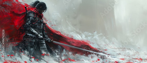 Enigmatic anime warrior in detailed armor, with a sword, posed dramatically on white