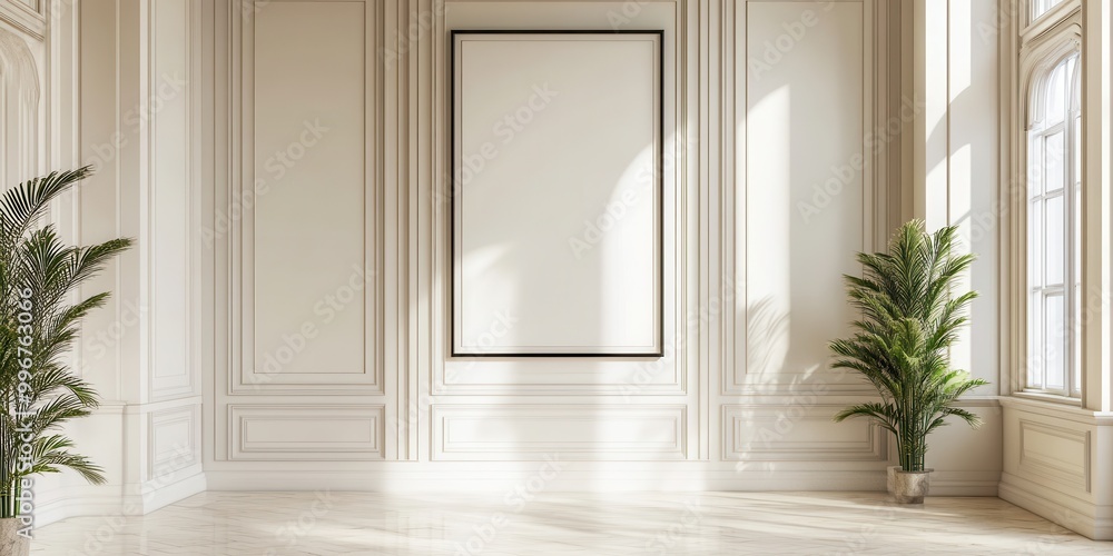 A bright and elegant interior space featuring neutral tones, large windows, and decorative plants, perfect for showcasing artwork. A bright and elegant interior space featuring neutral tones, large windows, and decorative plants, perfect for showcasing artwork.