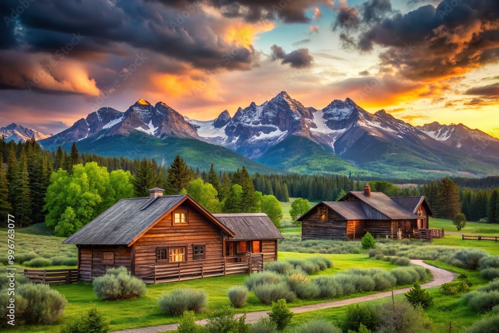 Rustic wooden houses surrounded by lush greenery and majestic mountains, capturing the serene beauty of a tranquil Montana countryside landscape at sunset. Rustic wooden houses surrounded by lush greenery and majestic mountains, capturing the serene beauty of a tranquil Montana countryside landscape at sunset.