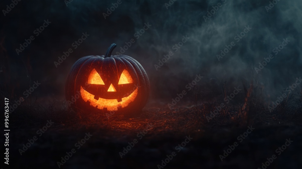 A glowing jack-o'-lantern sits in a foggy environment, evoking Halloween vibes. A glowing jack-o'-lantern sits in a foggy environment, evoking Halloween vibes.