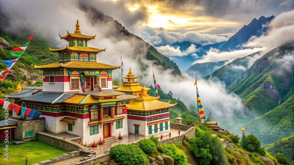 Sacred Buddhist gompa temple nestled in the Himalayan mountains, adorned with vibrant prayer flags, intricate carvings, and colorful murals, surrounded by misty valleys. Sacred Buddhist gompa temple nestled in the Himalayan mountains, adorned with vibrant prayer flags, intricate carvings, and colorful murals, surrounded by misty valleys.