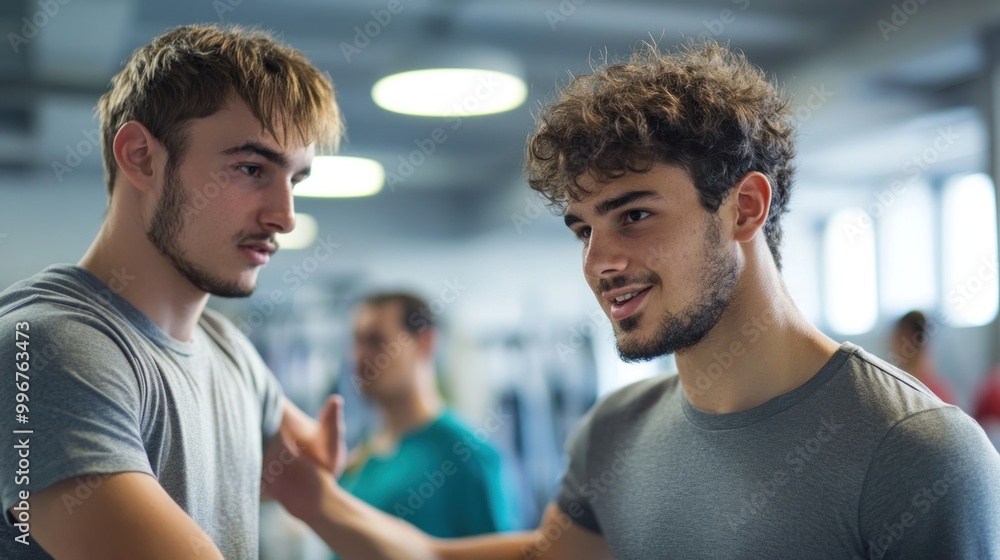 Two young men engaging in conversation at a gym, sharing advice or encouragement. Two young men engaging in conversation at a gym, sharing advice or encouragement.