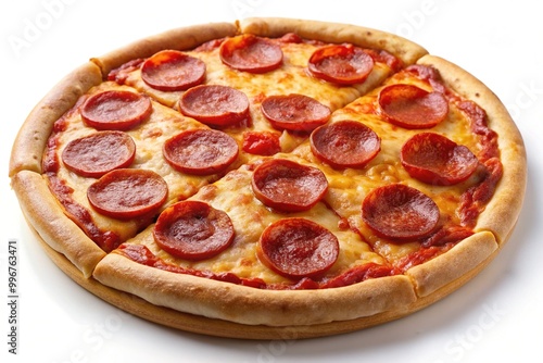 Savory pepperoni slices atop a freshly baked pizza, isolated on a clean white background, evoking a sense of hunger and comfort food craving.