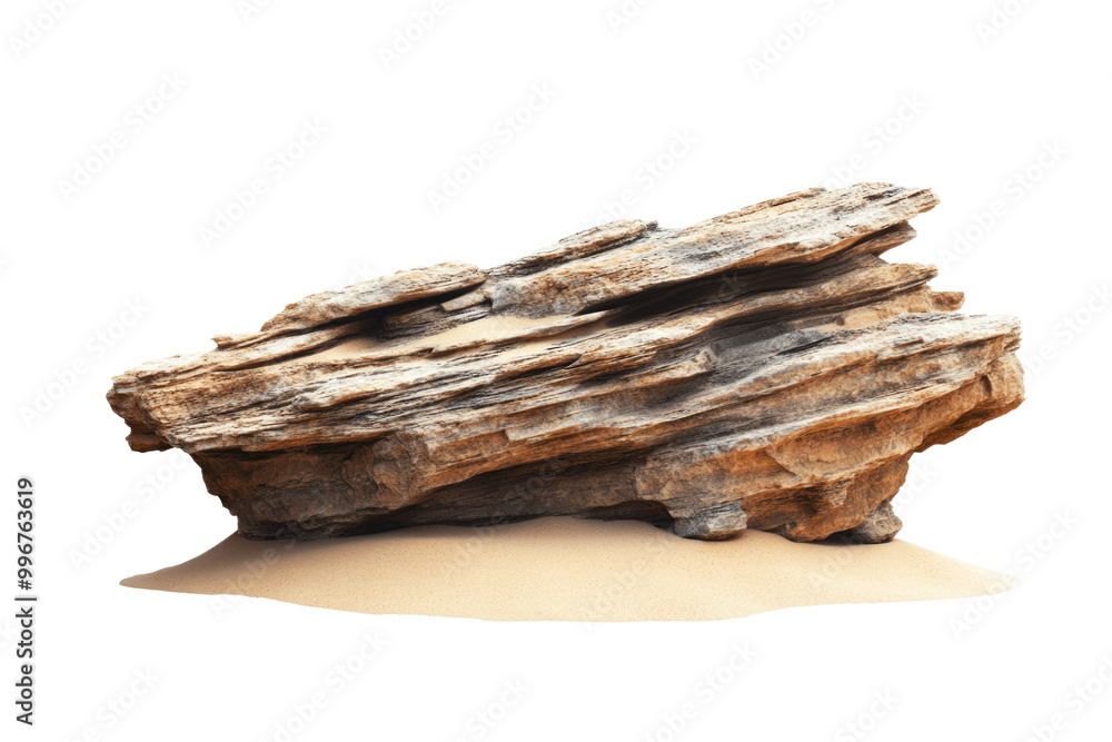 A large, layered rock formation with sand underneath, likely found in a desert environment.