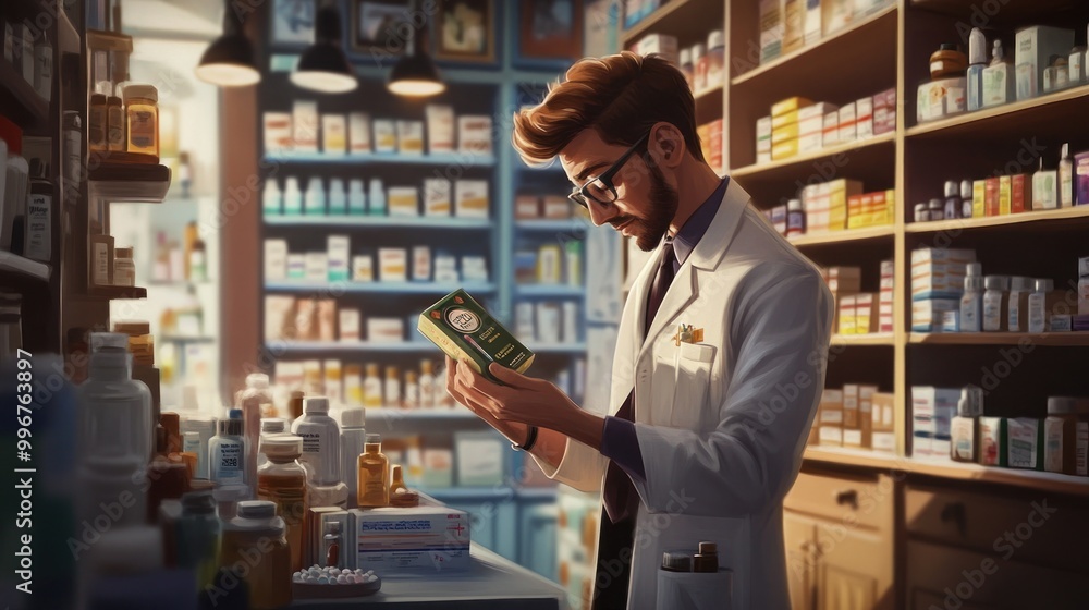 A pharmacist examines a product in a well-stocked pharmacy filled with various medications. A pharmacist examines a product in a well-stocked pharmacy filled with various medications.