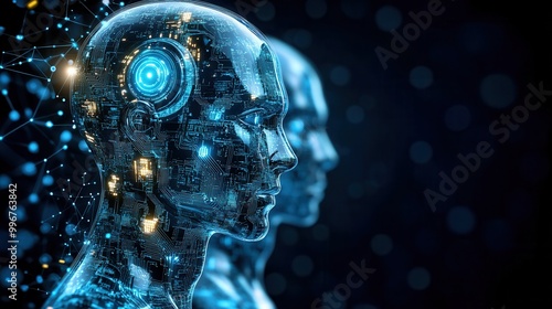 Futuristic humanoid robots with digital circuitry and glowing elements, symbolizing advanced technology and artificial intelligence.