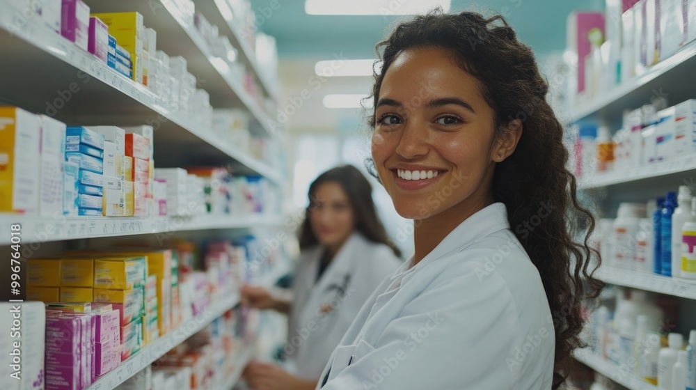 A pharmacist smiling in a pharmacy aisle filled with medicine and health products. A pharmacist smiling in a pharmacy aisle filled with medicine and health products.