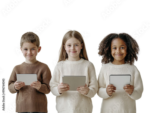 Three children holding tablets and smiling on white background PNG transparent. photo