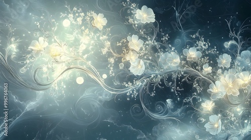 Dazzling white gold floral hairpin with intricate winding vines and blooms in an ethereal and otherworldly digital painting set against a celestial void with glowing orbs photo