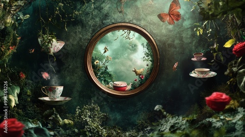 Whimsical Keyhole View: A mysterious banner background of Mad Hatter Day, no text, and wide copy space, featuring a keyhole view into a magical world filled with floating teacups