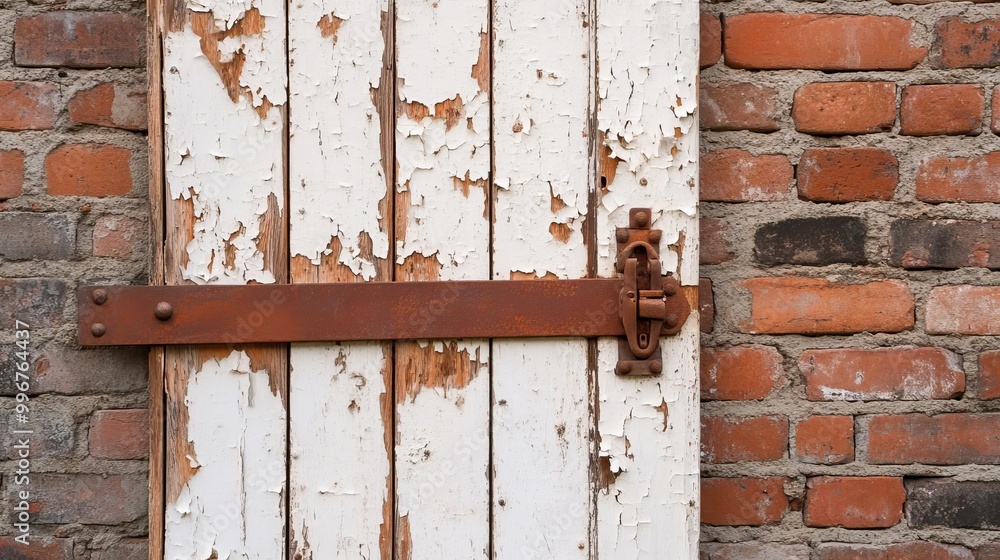 Naklejka premium Weathered barn door with peeling paint and rusty hinges, leaning against a brick wall, capturing rural decay and timeless beauty