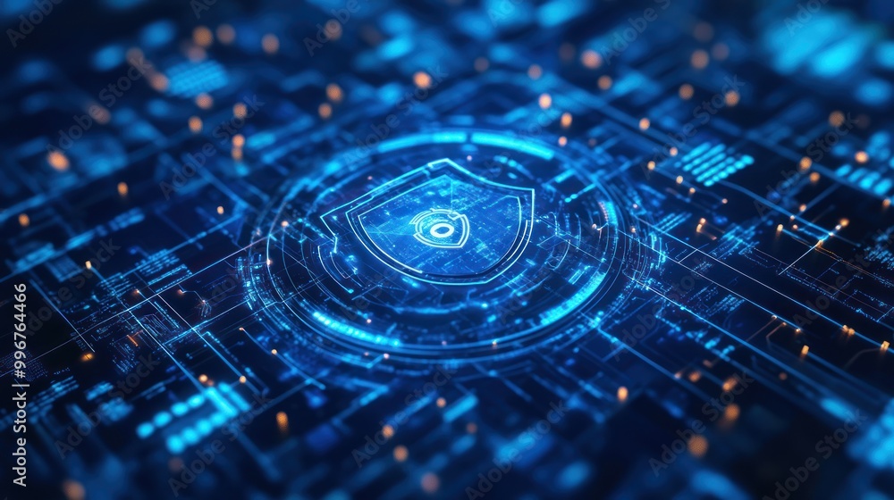 Digital shield symbolizing cybersecurity within a circuit board design. Digital shield symbolizing cybersecurity within a circuit board design.