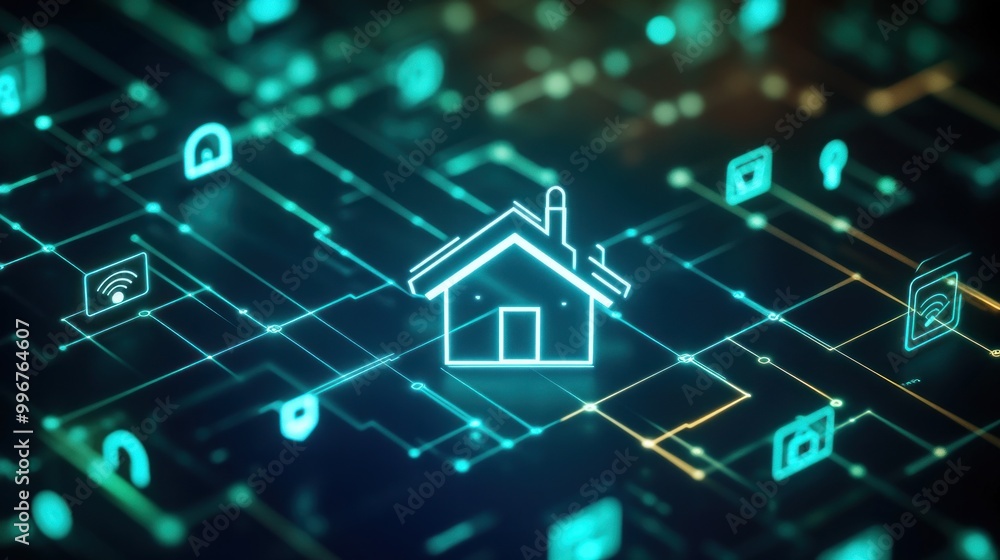 Digital representation of a smart home network with connected icons. Digital representation of a smart home network with connected icons.