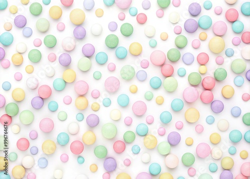 Soft, delicate pastel dots in various sizes and colors scattered randomly on a white background, creating a dreamy, whimsical, and playful texture and visual effect.