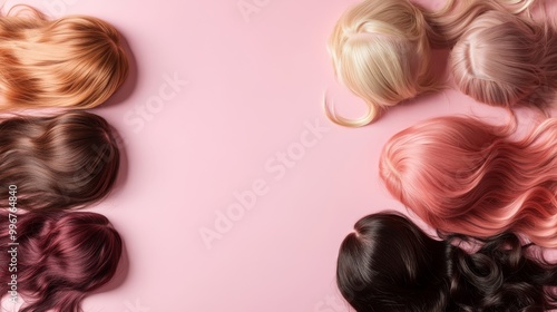 A collection of stylish wigs in diverse colors and designs is artfully arranged in a flat lay format on a soft pastel backdrop, showcasing modern hair trends photo