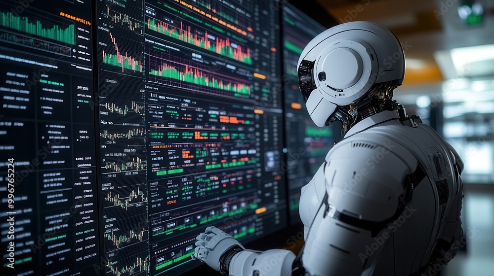 Futuristic robot analyzing digital data on a display screen, showcasing advanced technology and artificial intelligence concepts. Futuristic robot analyzing digital data on a display screen, showcasing advanced technology and artificial intelligence concepts.