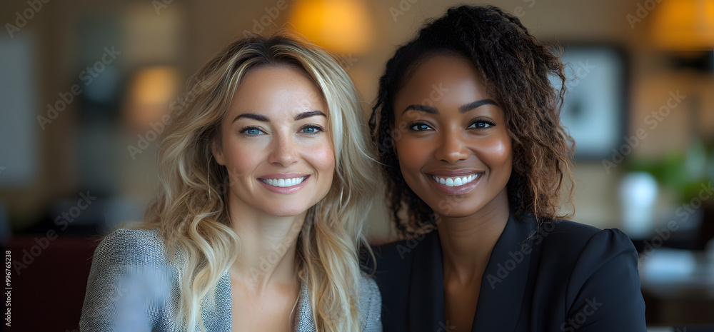 A Portrait of Two Business Women Smiling, One White and One Black
A Portrait of Two Business Women Smiling, One White and One Black