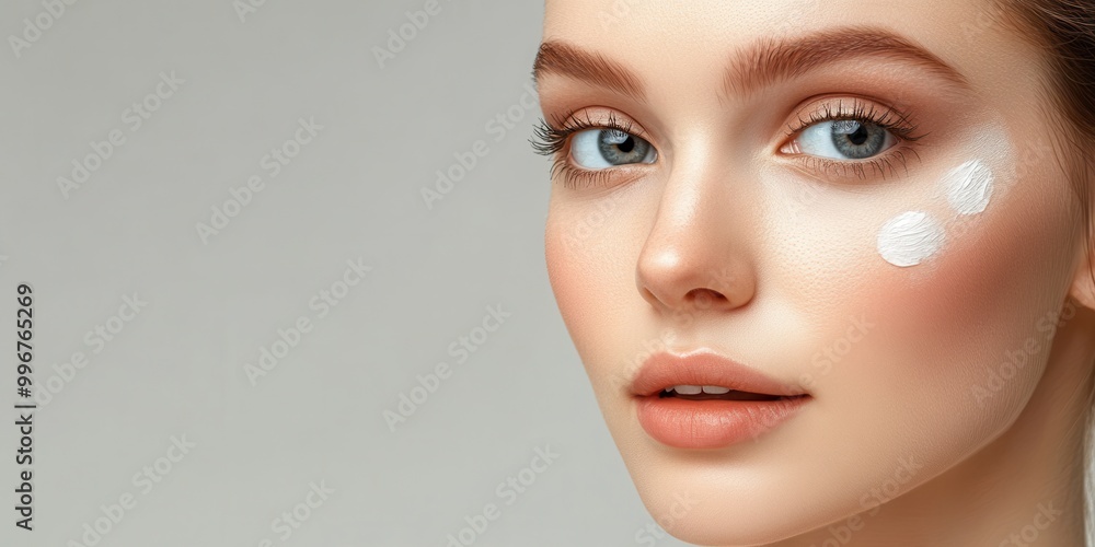 Close-up of a woman applying moisturizer, showcasing healthy skin and beauty in a modern, minimalistic setting. Close-up of a woman applying moisturizer, showcasing healthy skin and beauty in a modern, minimalistic setting.