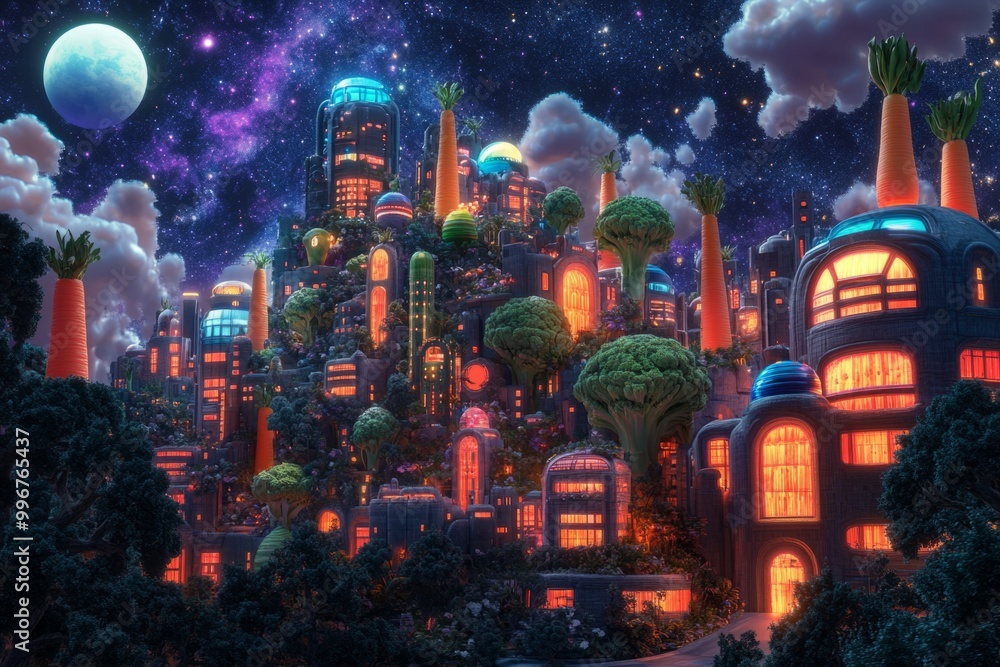 A vibrant futuristic cityscape under a starry sky. Unique structures rise with bright colors. It captures imagination and creativity. Generative AI A vibrant futuristic cityscape under a starry sky. Unique structures rise with bright colors. It captures imagination and creativity. Generative AI