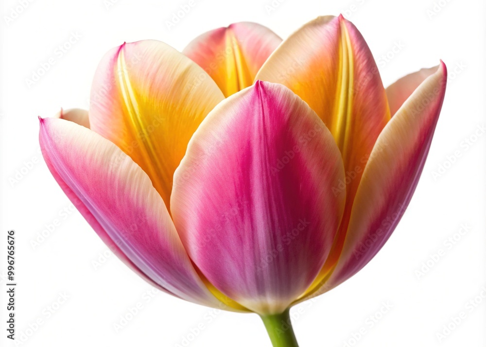 Vibrant, cup-shaped tulip with smooth, delicate petals in shades of pink and yellow, isolated on a white background with slight shadow and gentle folds. Vibrant, cup-shaped tulip with smooth, delicate petals in shades of pink and yellow, isolated on a white background with slight shadow and gentle folds.
