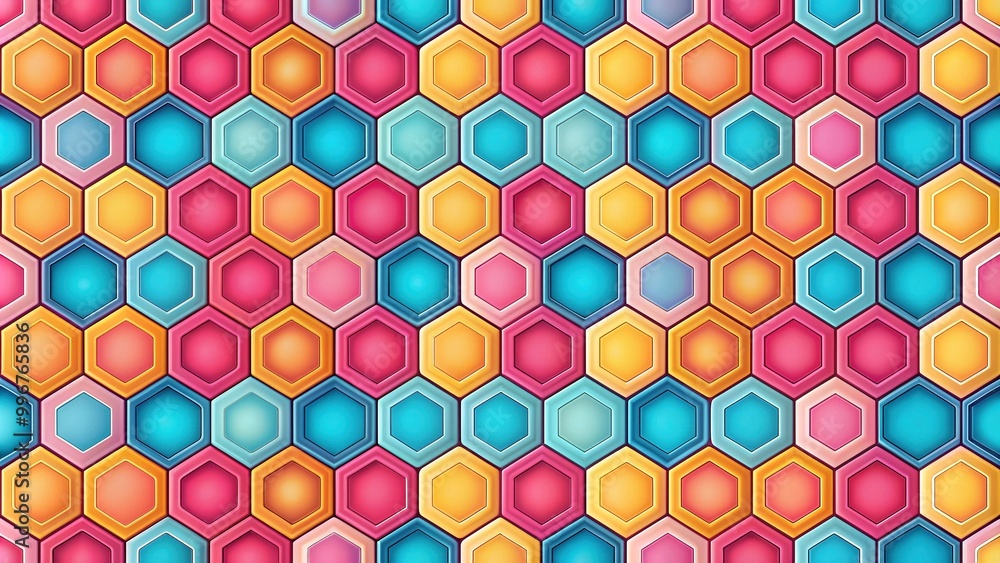 Vibrant, seamless, and colourful geometric tile pattern featuring interlocking hexagons in shades of pink, blue, yellow, and orange, perfect for backgrounds and textures. Vibrant, seamless, and colourful geometric tile pattern featuring interlocking hexagons in shades of pink, blue, yellow, and orange, perfect for backgrounds and textures.