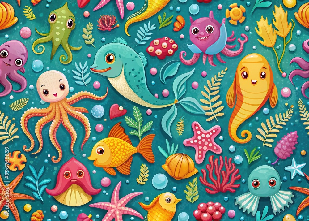 Vibrant, seamless pattern featuring a diverse array of colorful sea creatures, including fish, octopuses, seahorses, and coral, set against a soothing turquoise ocean background. Vibrant, seamless pattern featuring a diverse array of colorful sea creatures, including fish, octopuses, seahorses, and coral, set against a soothing turquoise ocean background.