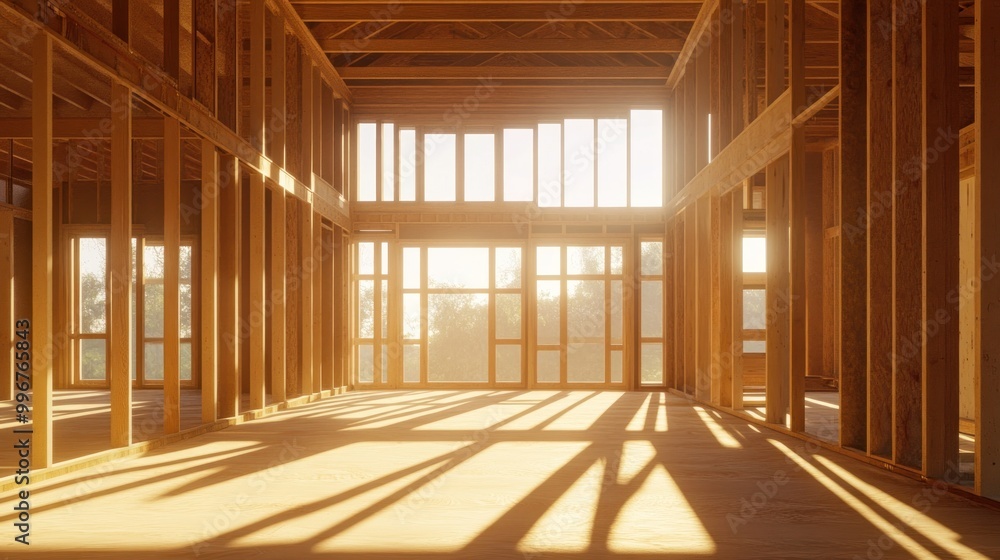A sunlit interior of a wooden structure under construction, showcasing beams and large windows. A sunlit interior of a wooden structure under construction, showcasing beams and large windows.