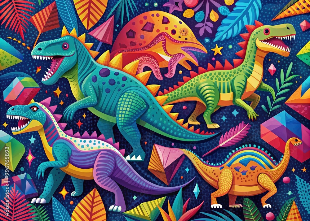 Vibrant, stylized illustrations of dinosaurs, including a T-Rex and Triceratops, surrounded by geometric shapes and abstract patterns in a bold, colorful design. Vibrant, stylized illustrations of dinosaurs, including a T-Rex and Triceratops, surrounded by geometric shapes and abstract patterns in a bold, colorful design.