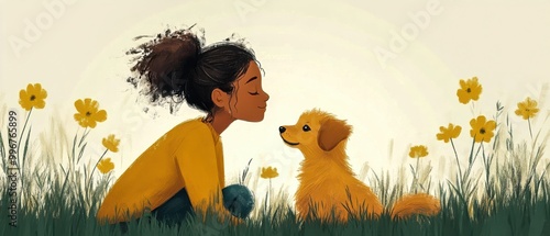 Young Girl Shares Loving Moment with Faithful Dog in Serene Countryside Landscape. photo