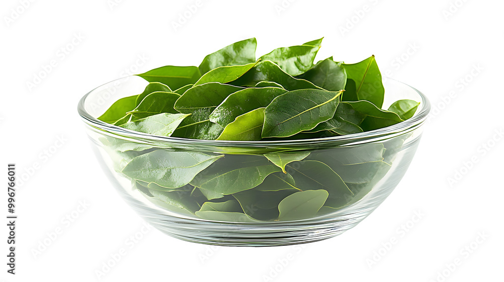 Extreme front view of full Curry Leaves in a small glass bowl isolated on a white transparent background Extreme front view of full Curry Leaves in a small glass bowl isolated on a white transparent background