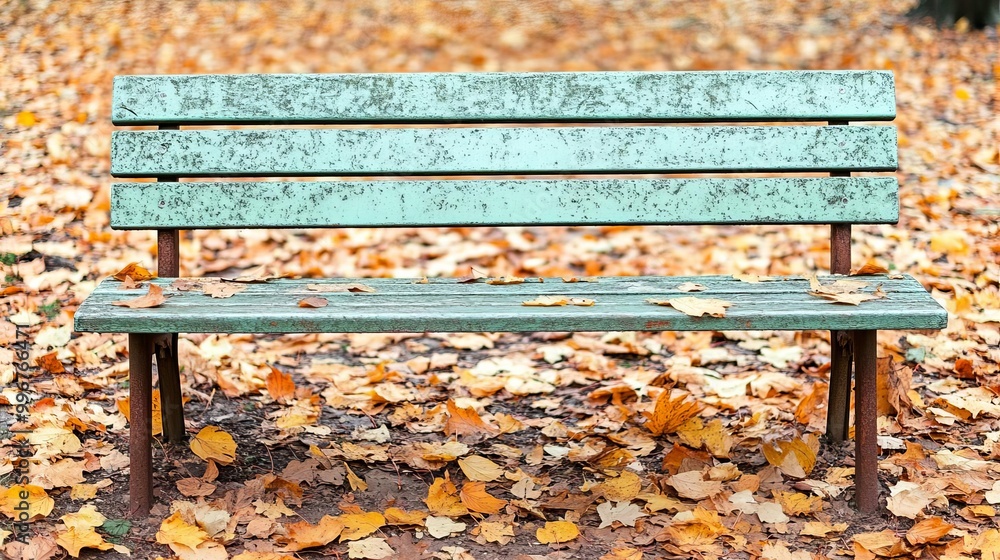 Weathered park bench with chipped green paint and rusted metal legs, surrounded by fallen leaves, evoking a serene, abandoned atmosphere Weathered park bench with chipped green paint and rusted metal legs, surrounded by fallen leaves, evoking a serene, abandoned atmosphere