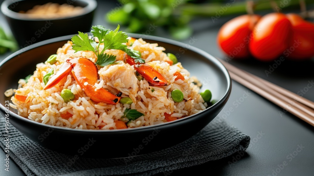 Fried Rice with Crab and Fresh Garnish on Plate Fried Rice with Crab and Fresh Garnish on Plate